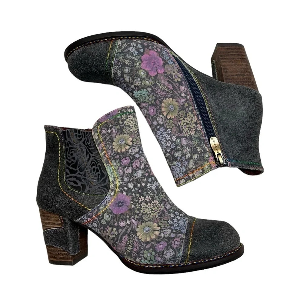L'Artiste by Spring Step Navy/Purple Rainbow Floral Bootie Boots Size 37